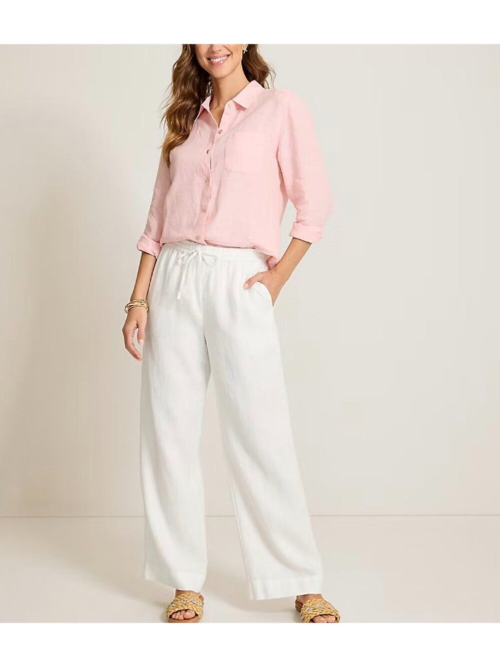Tommy Bahama Two Palms Linen Pants Women Sz L Drawstring Pull-On White Comfort